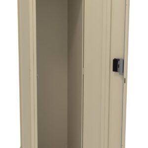 A single beige metal locker with one door open, revealing a hook and a shelf inside. The locker has a simple design, and the door includes ventilation slits and a latch for securing with a lock.