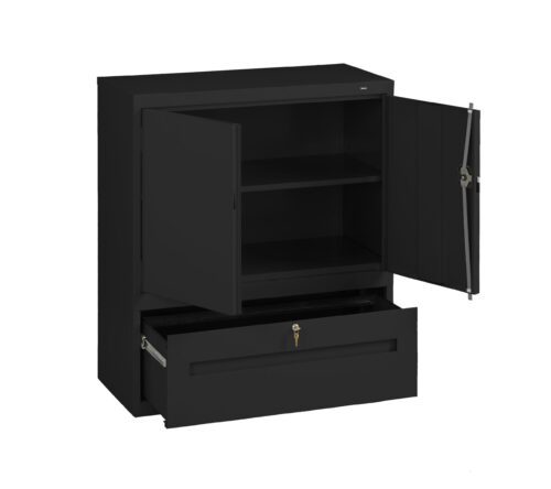 hla8jl0tvmpdzxufh0z9.jpg Black metal cabinet with two open doors revealing two shelves inside. Below, a large drawer is partially opened, showing a key in the lock. The design is simple and functional.