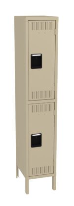 A beige metal locker with two compartments, each featuring a black rectangular handle. The locker is standing on four legs, with ventilation slots on the doors and a plain background.