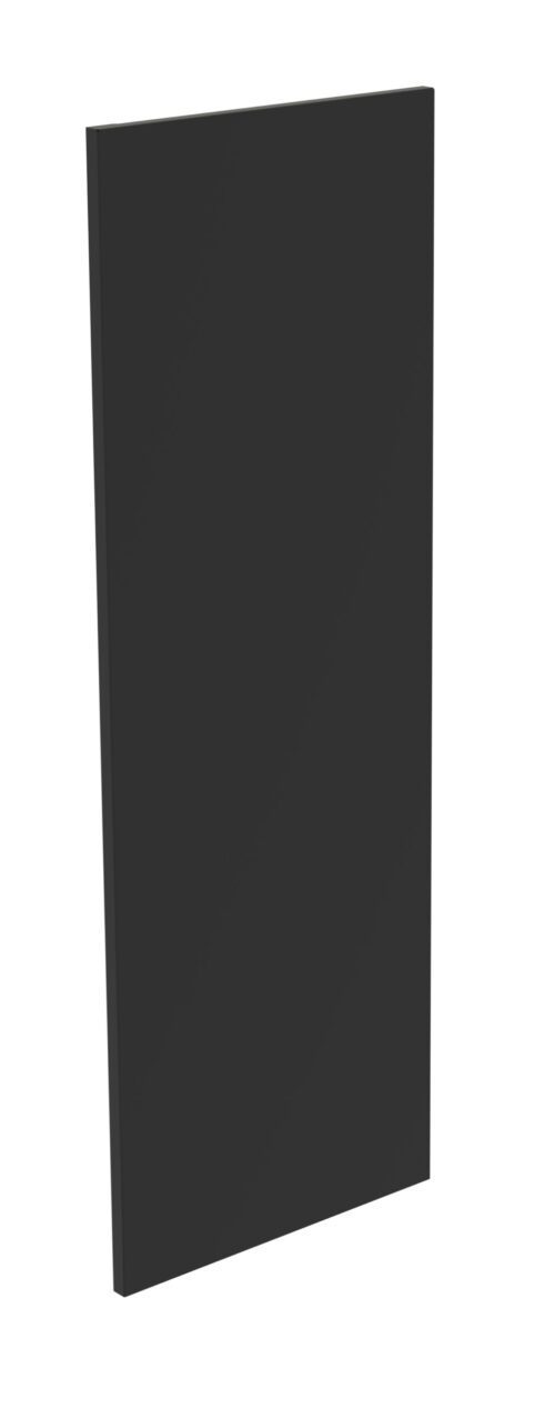 A tall, rectangular black panel standing upright against a white background. The panel has a smooth surface with sharp edges, creating a sleek and minimalistic appearance.
