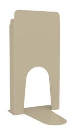 A beige, freestanding metal card or sign holder with a cut-out arch at the bottom. The design is minimalistic and modern, suitable for holding papers or signs upright.