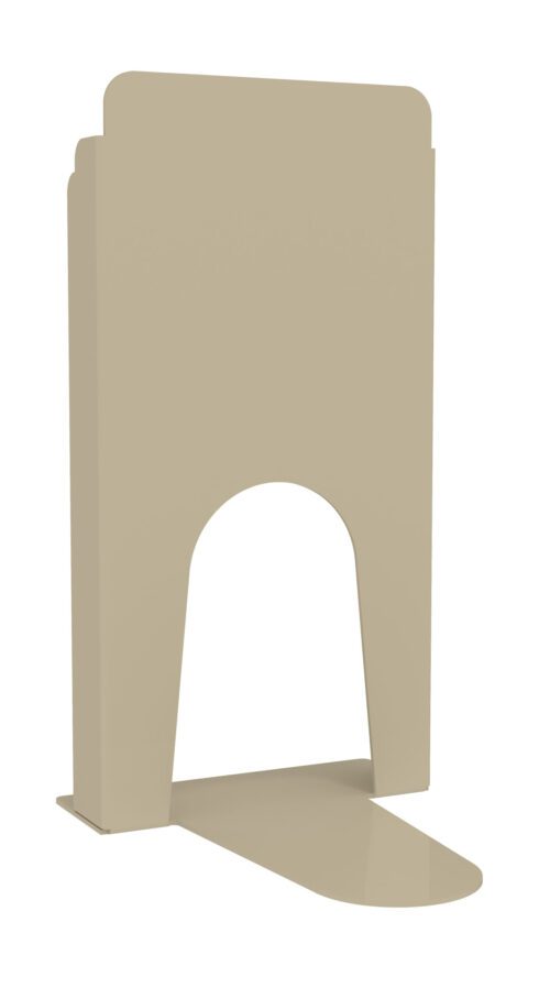 A beige, freestanding metal card or sign holder with a cut-out arch at the bottom. The design is minimalistic and modern, suitable for holding papers or signs upright.