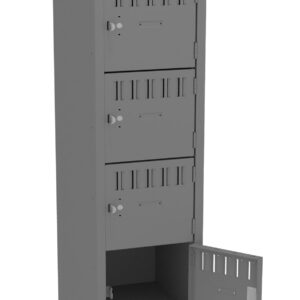 Tall gray metal locker with five compartments, each featuring a ventilation slot and key lock. The bottom compartment door is open, revealing an empty space inside. The locker stands against a white background.