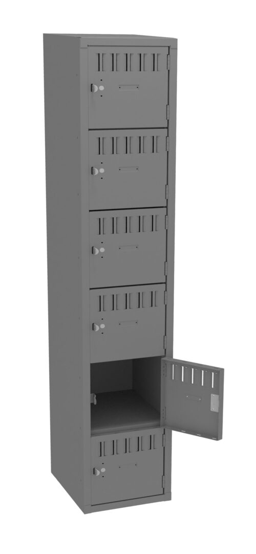 Tall gray metal locker with five compartments, each featuring a ventilation slot and key lock. The bottom compartment door is open, revealing an empty space inside. The locker stands against a white background.