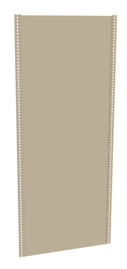 A beige rectangular metal shelf panel with perforated edges, designed for adjustable shelving systems. There are evenly spaced holes along the sides for mounting and customization.