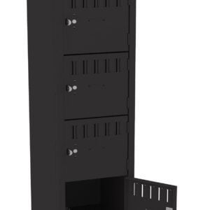 Tall black metal locker with six compartments. Each compartment has its own handle and lock. The second compartment from the bottom is open, showing an empty interior.