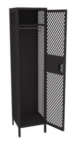 A black metal locker with a diamond-patterned mesh design. The locker is open, revealing an empty interior with a single horizontal bar near the top for hanging items.