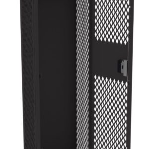 A black metal locker with a diamond-patterned mesh design. The locker is open, revealing an empty interior with a single horizontal bar near the top for hanging items.