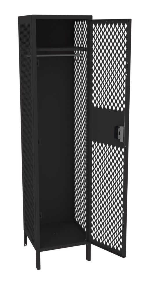 hmf193tos6kudflnviwp.jpg A black metal locker with a diamond-patterned mesh design. The locker is open, revealing an empty interior with a single horizontal bar near the top for hanging items.
