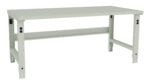 A plain, light gray workbench with a rectangular top and sturdy legs. The design is minimalistic and industrial, with adjustable height features visible on the legs. The surface appears smooth and suitable for various tasks.
