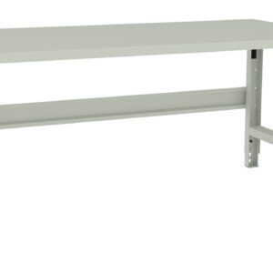 A plain, light gray workbench with a rectangular top and sturdy legs. The design is minimalistic and industrial, with adjustable height features visible on the legs. The surface appears smooth and suitable for various tasks.