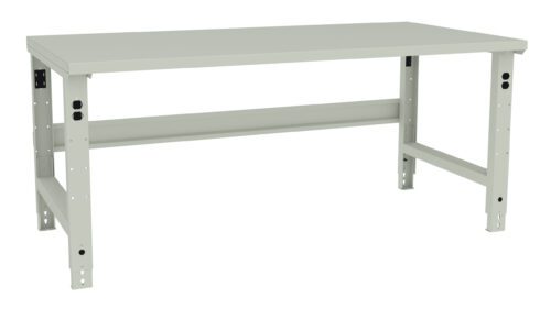 A plain, light gray workbench with a rectangular top and sturdy legs. The design is minimalistic and industrial, with adjustable height features visible on the legs. The surface appears smooth and suitable for various tasks.