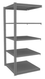 Metal shelving unit with five adjustable shelves. Each shelf is flat and rectangular, supported by vertical posts with a series of holes for customizable height placement. The structure is designed for storage and is industrial gray in color.