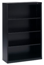 A black, four-shelf metal bookshelf is shown against a white background. Each shelf is adjustable, and the design is simple and modern, suitable for home or office use.