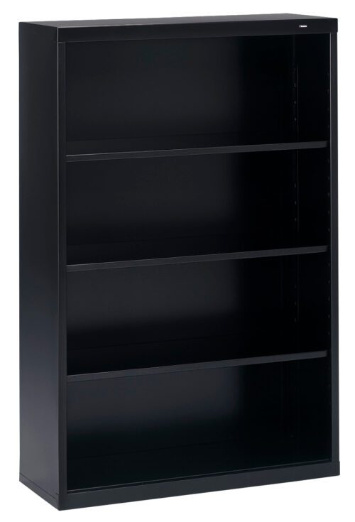 A black, four-shelf metal bookshelf is shown against a white background. Each shelf is adjustable, and the design is simple and modern, suitable for home or office use.