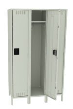 A light gray metal locker with three sections is shown. Two doors are open, revealing an empty interior with a hanging rod in the middle section. The locker stands on four legs.
