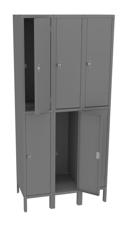 hnuweowo03at6gthrlzr.jpg A gray metal locker unit with six compartments, arranged in two rows of three. Several doors are open, revealing empty interiors. The locker stands on short legs, with a clean and simple design.