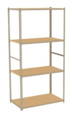 A beige metal shelving unit with four wooden shelves. The structure is rectangular and open-sided, suitable for storage or organizing items. The shelves are evenly spaced and supported by vertical metal posts with perforated edges.