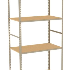 A beige metal shelving unit with four wooden shelves. The structure is rectangular and open-sided, suitable for storage or organizing items. The shelves are evenly spaced and supported by vertical metal posts with perforated edges.