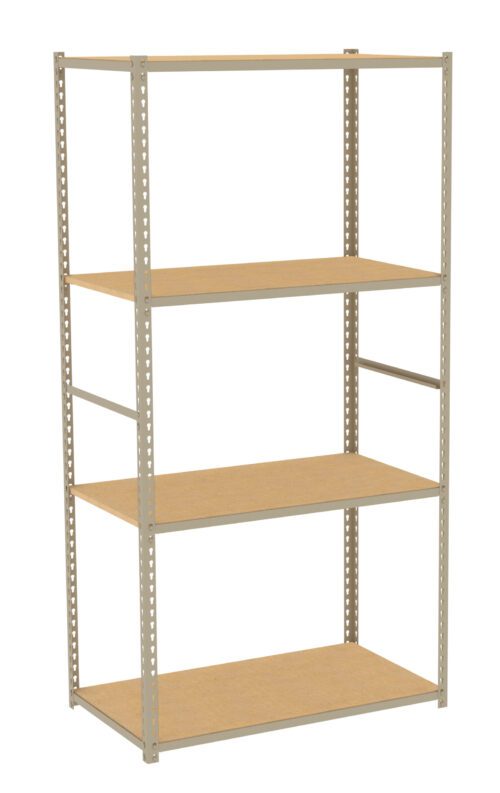 A beige metal shelving unit with four wooden shelves. The structure is rectangular and open-sided, suitable for storage or organizing items. The shelves are evenly spaced and supported by vertical metal posts with perforated edges.