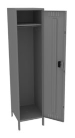 A gray metal locker with its door open, revealing an empty interior. Inside, there is a clothing rod near the top and a secure lock on the door. The locker stands on four short legs.