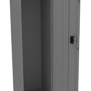 A gray metal locker with its door open, revealing an empty interior. Inside, there is a clothing rod near the top and a secure lock on the door. The locker stands on four short legs.