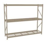 A beige metal shelving unit with three mesh shelves. It has a simple, industrial design with vertical support beams and horizontal shelves, suitable for storage or organizational purposes. The background is plain white.