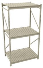 A beige metal shelving unit with three shelves, featuring a slatted design. The unit is freestanding and has vertical support beams with diagonal braces for stability. The design is simple and industrial, suitable for storage or organizational purposes.