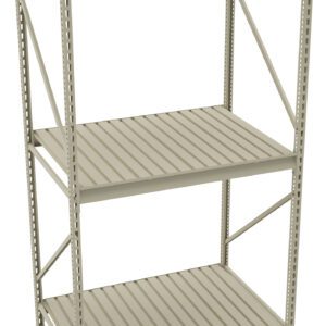 A beige metal shelving unit with three shelves, featuring a slatted design. The unit is freestanding and has vertical support beams with diagonal braces for stability. The design is simple and industrial, suitable for storage or organizational purposes.