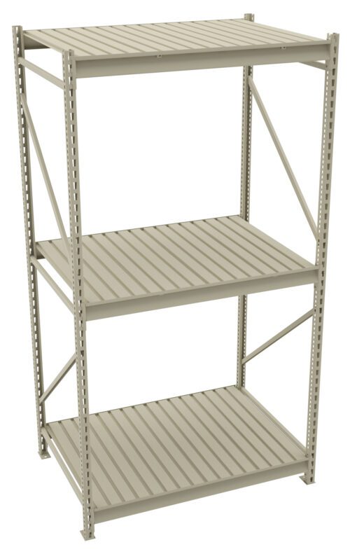 A beige metal shelving unit with three shelves, featuring a slatted design. The unit is freestanding and has vertical support beams with diagonal braces for stability. The design is simple and industrial, suitable for storage or organizational purposes.