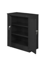 A black metal storage cabinet with two open doors, revealing two inner shelves. Each door has a handle and a keyhole lock, with one key inserted in the lock on the right door. The cabinet has a flat, smooth top surface.