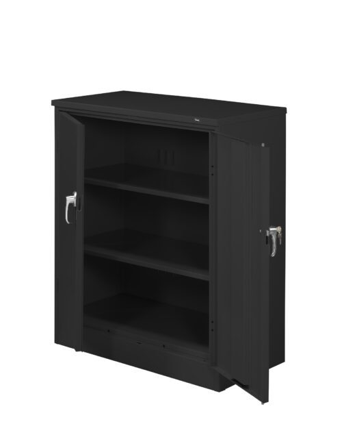 A black metal storage cabinet with two open doors, revealing two inner shelves. Each door has a handle and a keyhole lock, with one key inserted in the lock on the right door. The cabinet has a flat, smooth top surface.