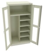 A beige metal storage cabinet with open double doors. The interior features a left section with adjustable shelves and a right section with multiple fixed shelves, designed for organizing various items.