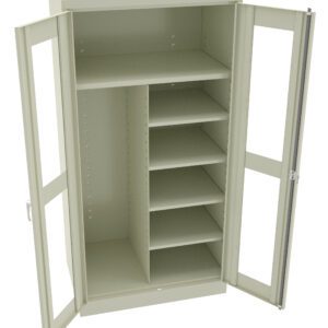 A beige metal storage cabinet with open double doors. The interior features a left section with adjustable shelves and a right section with multiple fixed shelves, designed for organizing various items.