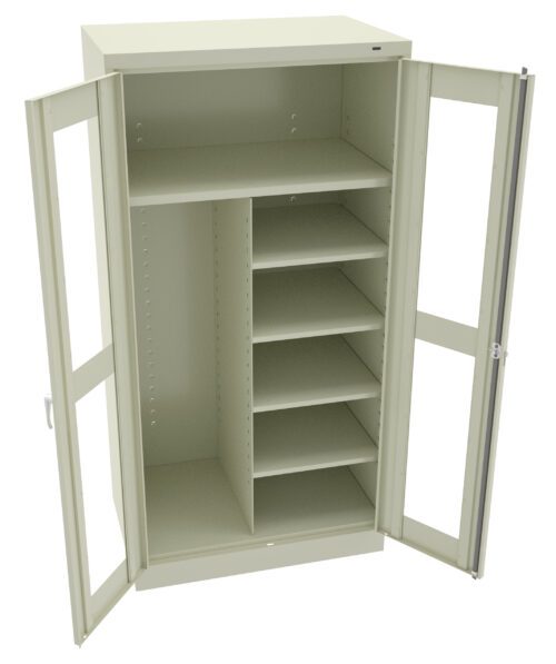 A beige metal storage cabinet with open double doors. The interior features a left section with adjustable shelves and a right section with multiple fixed shelves, designed for organizing various items.
