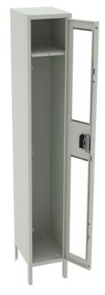 A tall, gray metal locker with an open door is shown. The door has two transparent panels and a lock mechanism. Inside, there is a single shelf near the top. The locker stands on four short legs.