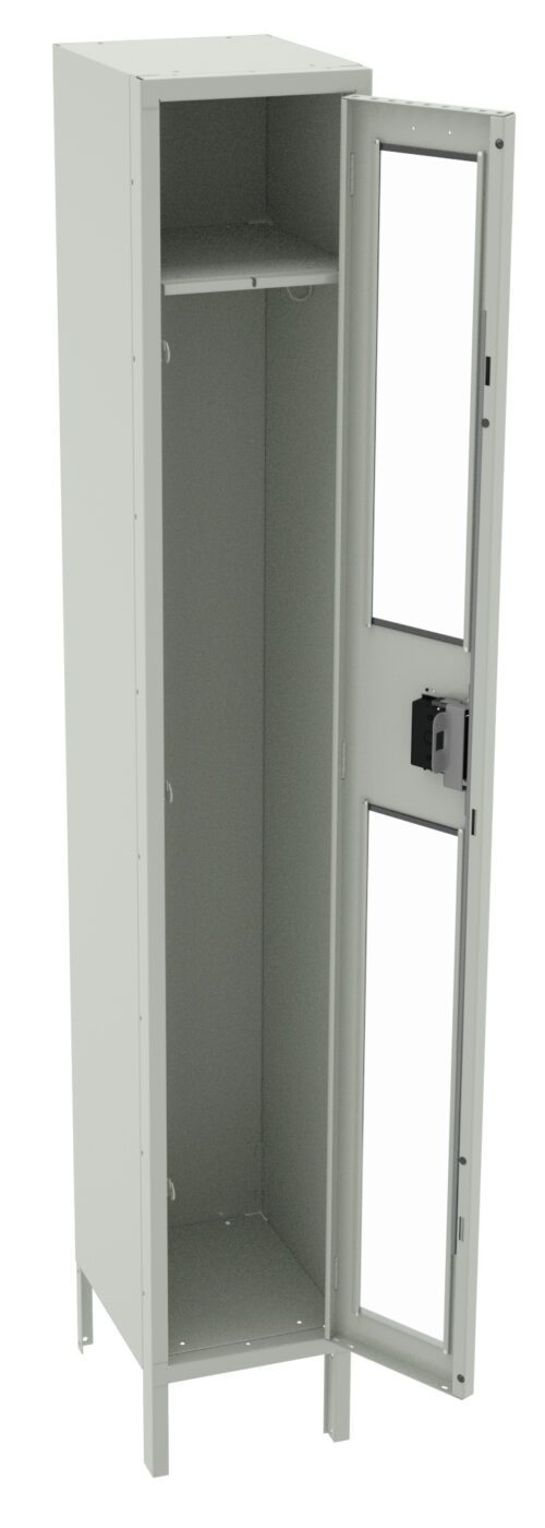 A tall, gray metal locker with an open door is shown. The door has two transparent panels and a lock mechanism. Inside, there is a single shelf near the top. The locker stands on four short legs.