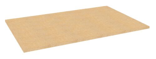 A rectangular sheet of oriented strand board (OSB) with a light brown hue, lying flat against a white background. The surface appears smooth, highlighting the texture and composition typical of engineered wood products.