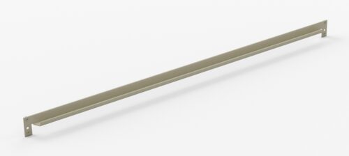 A long, slender metallic bar with mounting holes at both ends, positioned diagonally on a plain white background.