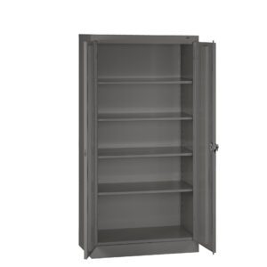 A tall, grey metal cabinet with double doors open, revealing five spacious shelves inside. The shelves are empty, and the cabinet stands against a plain white background.