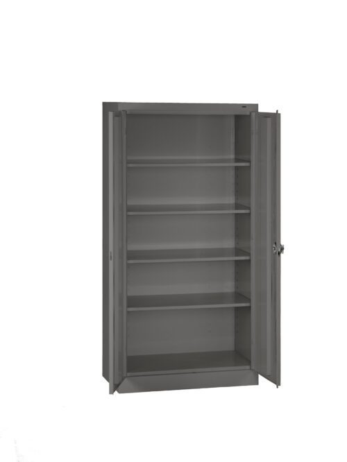 A tall, grey metal cabinet with double doors open, revealing five spacious shelves inside. The shelves are empty, and the cabinet stands against a plain white background.
