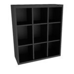 A black, nine-cube storage organizer with three rows and three columns, designed for holding items. The cubes are evenly spaced and the overall design is minimalist.