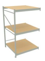 A 3D rendering of a metal shelving unit with three beige wooden shelves. The structure is shown at an angle, highlighting its open, triangular side support and simple design suitable for storage or display.