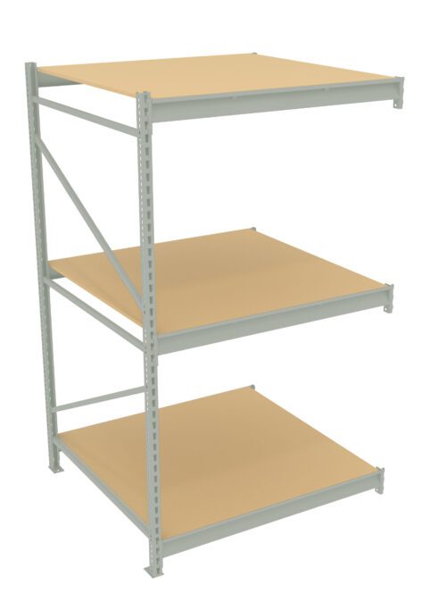 A 3D rendering of a metal shelving unit with three beige wooden shelves. The structure is shown at an angle, highlighting its open, triangular side support and simple design suitable for storage or display.
