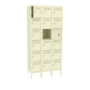 A beige locker unit with three vertical columns and five rows of small compartments. One compartment in the middle is open, showing an empty interior. Each compartment has a ventilation grille and a latch for locking.