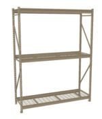 A freestanding metal shelving unit with three tiers. The shelves are made of grid-like metal mesh, providing sturdy support. The frame is composed of vertical and horizontal beams with diagonal braces for stability.