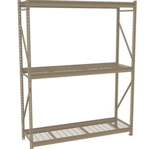 A freestanding metal shelving unit with three tiers. The shelves are made of grid-like metal mesh, providing sturdy support. The frame is composed of vertical and horizontal beams with diagonal braces for stability.