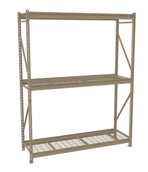 A freestanding metal shelving unit with three tiers. The shelves are made of grid-like metal mesh, providing sturdy support. The frame is composed of vertical and horizontal beams with diagonal braces for stability.