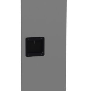 Grey rectangular panel with a square cutout in the center surrounded by ventilation slots along the top, bottom, and sides. The cutout has a recessed area, possibly for mounting or housing components.