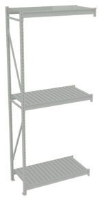 A three-tier, light gray metal shelving unit with slatted shelves. The structure includes vertical supports and diagonal braces for stability.